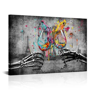 Imagem de Canvbay Arte de parede de grafite colorido, mãos de esqueleto, torcidas com taça de vinho, impressões em tela, arte gótica, abstrata, pintura de arte de rua cinza para cozinha, quarto, 61 x 91 cm