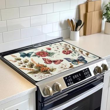 Imagem de Tampa superior de fogão vintage floral borboleta de vidro resistente ao calor, tapete de cobertura de fogão de cerâmica evita arranhões fogões/balcão/lavadora, 71 x 50 cm