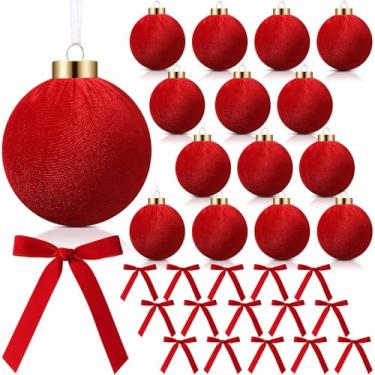 Imagem de Wettarn 15 conjuntos de kit de decoração de enfeites de veludo de Natal de 8 cm, inclui bolas e laços de veludo para guirlanda de árvore de Natal, decoração vintage para pendurar no feriado