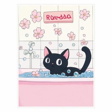 Imagem de Gato preto em uma banheira, pôster estético japonês, arte engraçada, arte de animais adoráveis, impressão de banho, impressões para banheiro e vaso sanitário - 28 x 35 cm pronto para pendurar (sem