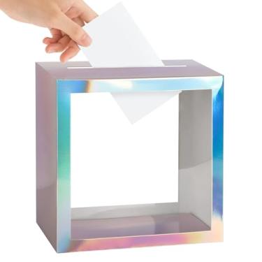 Imagem de Hxezoc Caixa de cartão iridescente com janela transparente para lembrancinhas de casamento, porta-cartões para recepção de dinheiro para recepção de casamento, chás de bebê, aniversário, aniversário