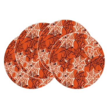 Imagem de XCHI Jogo americano redondo assustador de teia de aranha laranja e preta, conjunto de 4 tapetes de mesa para festa, casa, cozinha, decoração de mesa de jantar, 35 x 35 cm