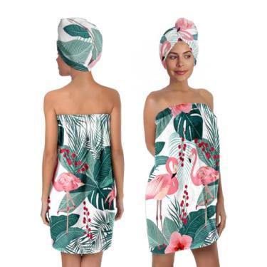 Imagem de Toalha de banho corporal com estampa de folhas de palmeira flamingo e toalha de cabelo para mulheres e meninas, conjunto de toalhas de banho macio e secagem de cabelo, secagem rápida, absorvente