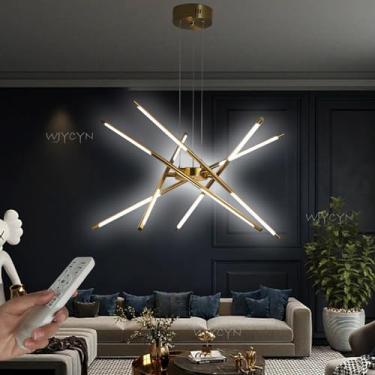 Imagem de Luminária pendente LED moderna, preta e dourada, dimerizável, 80 cm de comprimento, para sala de estar, com efeito fogos de artifício, lustre, iluminação de teto para quarto, cozinha, sala d
