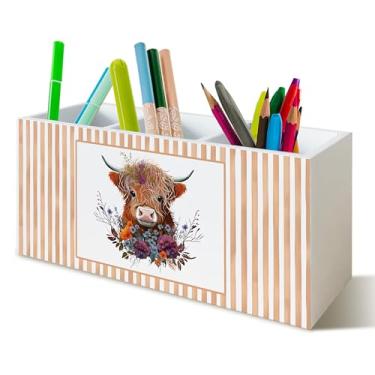 Imagem de YTRGI Porta-lápis floral de vaca Highland para mesa, presentes para amantes de vacas das terras altas, placa de bloco de madeira para casa de aula, dormitório, escritório, decoração de mesa