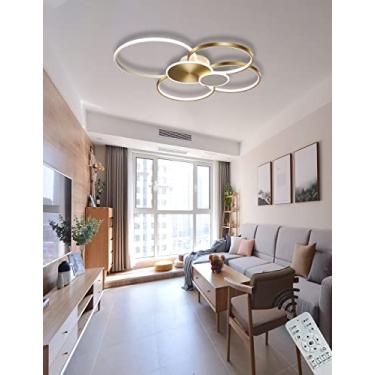 Imagem de Luminária de teto moderna LED dimerizável para sala de estar com controle remoto, cúpula de acrílico em formato de anel, lustre para sala de estar, luminária de teto para escritório (Dourado