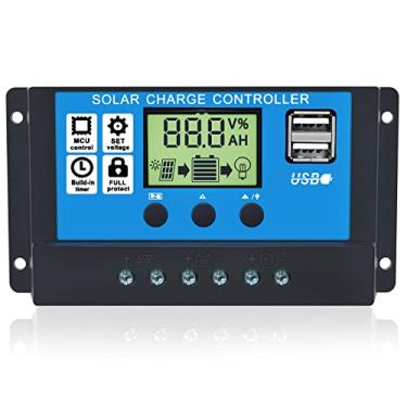 Imagem de Gdcreestar Controlador de carga solar 12 V/24 V automático, controlador de bateria de painel solar 10 A PWM Regulador solar com dupla USB LCD adequado para sistema solar pequeno
