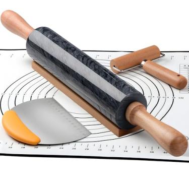 Imagem de Rolo de massa de mármore de 47 cm, rolo grande antiaderente, para fazer pizza, biscoitos, crostas de torta e massas. Com tapete de silicone para pastelaria, raspador de aço inoxidável e pequeno rolo