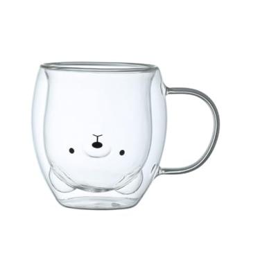 Imagem de Copos de café de vidro de parede dupla, caneca de vidro de parede dupla com design de rosto de animal fofo, xícara de café isolada com alça para bebidas quentes e frias, 250 ml