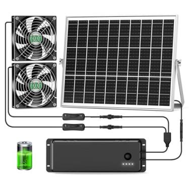 Imagem de pqins Ventilador solar com bateria, ventilador recarregável alimentado por energia solar de 25 W, impermeável, 12800 mAh, exhuast ou ventiladores de admissão, cabo de 5 metros, para galinheiro de