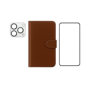 Imagem de Capa carteira 3 em 1 compatível com iPhone 15 Pro Max, capa flip magnética de couro PU com suporte para cartão, protetor de tela e capa para lente da câmera (marrom)