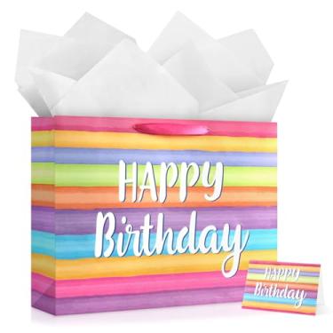 Imagem de YoungTree Saco grande colorido de presente de feliz aniversário com papéis de seda e cartão comemorativo, sacos de presente de papel portátil com alças, sacos de presente para mulheres meninas