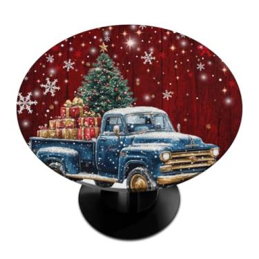 Imagem de Toalha de mesa redonda com borda elástica, caminhão, Natal, férias, toalha de mesa redonda para decoração de festivais de 114 a 127 cm