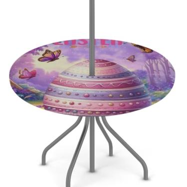 Imagem de hongjinglin Toalha de mesa de Páscoa para uso ao ar livre com orifício para guarda-chuva, toalha de mesa redonda elástica com zíper, impermeável, limpável, para piquenique, festa, pátio, serve para