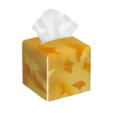 Imagem de Porta-lenços de papel quadrado de couro, impermeável, folha de ginkgo, organizador de papel facial amarelo com cinto inferior, estojo de lenços para mesa, banheiro, escritório, mesa, carro, decorativo