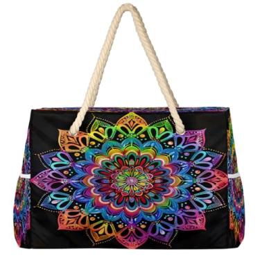 Imagem de hongjinglin Bolsa de praia grande, leve, dobrável, mandala, amarela, étnica, para piscina, bolsa de ombro, Cor 4, Large
