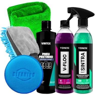 Imagem de Kit Limpeza Automotiva V-Floc Sintra Pretinho Shampoo APC Luva Tripla Ação Aplicador Toalha Karbox