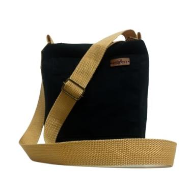 Imagem de Shoulder Bag de Tecido Alça regulável, compacta com zíper e Bolsos (Preta/Alça caramelo)