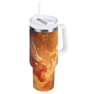 Imagem de xigua Copo vintage com estampa de dragão de 850 g com tampa e canudo, aço inoxidável de vácuo duplo isolado garrafa de água esportiva suporte para copo de café de viagem à prova de vazamento para