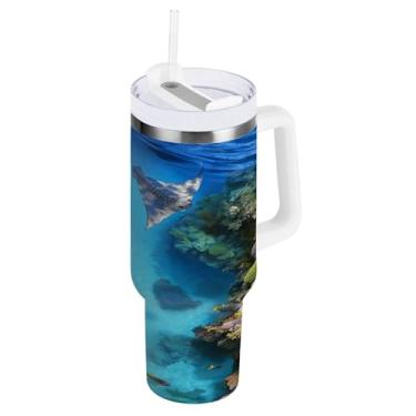 Imagem de Blueangle Copo isolado de 850 g com alça e tampa de canudo - Caneca de viagem de aço inoxidável à prova de vazamento, garrafa de água de arraia marítima a vácuo de parede dupla (828)