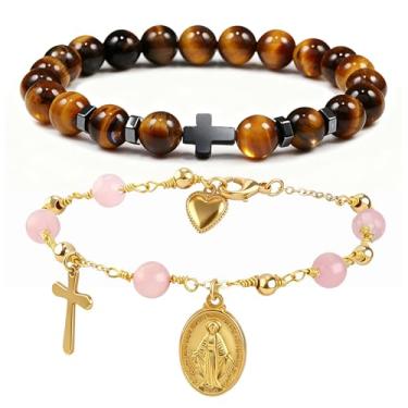 Imagem de INSYOHO Conjunto de 2 pulseiras de cruz olho de tigre dourado madrinha, Virgem Maria, quartzo rosa e padrinho - presentes de Natal para batismo católico para mulheres e homens, One Size, Pedra