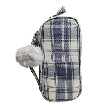 Imagem de Estojo Box Grande Escolar Xadrez com Pompom Alça Organizador Estiloso Aula Material Colorido Fofo