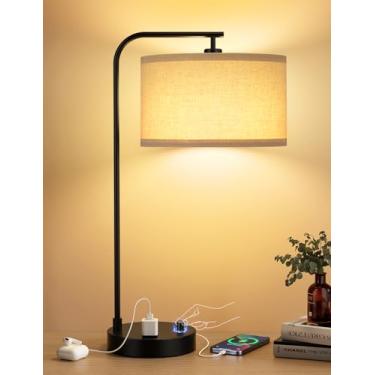 Imagem de Luminária de mesa alta com porta USB e tomada, luminária de cabeceira regulável com abajur de linho, luminária de mesa para quarto, sala de estar, quarto de hóspedes, escritório em casa, lâmpada LED