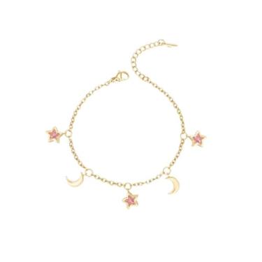 Imagem de Pulseira com pingente de lua e estrelas de cristal – Pulseira com pingente celestial delicada em ouro 18K para mulheres, impermeável e uso diário