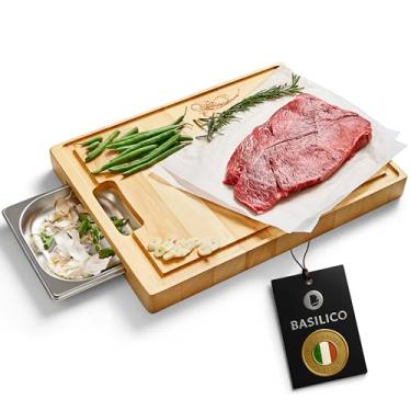 Imagem de Basilico Tábua de corte de madeira de faia com gaveta de metal removível, feita à mão na Itália – tábua de entalhar em madeira com ranhura de suco, tábua de preparação e servir durável para carne, pão