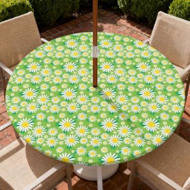 Imagem de Yesad Toalha de mesa redonda para uso ao ar livre com orifício para guarda-chuva, toalha de mesa com zíper e borda elástica, capa de toalha de mesa à prova d'água para piqueniques, serve para mesa