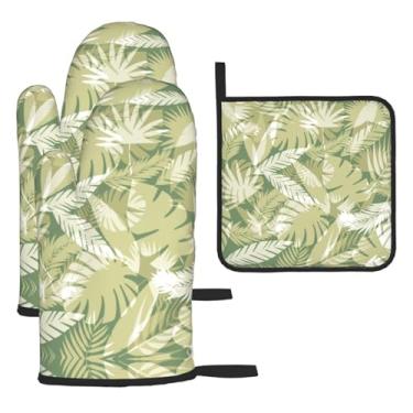 Imagem de Tropical Plants – Conjunto de cozinha essencial com 3 peças, luvas resistentes ao calor e aderência da tampa, proteção para churrasco no forno, design de armazenamento suspenso.