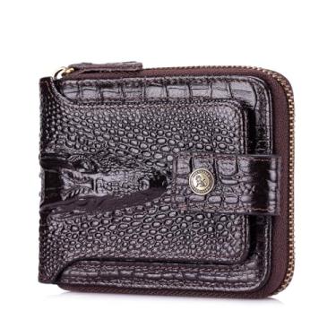 Imagem de Carteira masculina de couro genuíno com estampa de crocodilo leão de aço com grande capacidade para documento de identificação com bolso para moedas com zíper, Café, Moda e lazer