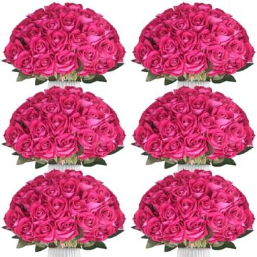 Imagem de LPREUTWN 90 peças de rosas falsas rosa choque flores artificiais a granel rosa sintética de seda realista com hastes para decoração de casamento, aniversário, buquê de noiva, arranjos florais faça