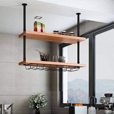 Imagem de Suporte para pendurar para copos de vinho - Suporte para copos de vinho - Rack de teto de ferro forjado/suporte de parede para plantas, rack de vinho de 2 cm, placa de madeira maciça para casa