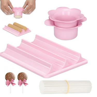 Imagem de Conjunto de moldes redondos de bolo pop com cortador e empurrador de bolo redondo, bandeja pop de bolo e 30 palitos – Molde circular de bolo pop para padeiros domésticos, festas, cafés, padaria