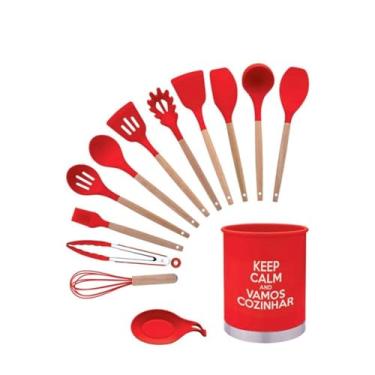 Imagem de Kit Utensílios de Cozinha Silicone, 13 Peças, Preto, Cabo em Madeira MDF, Aço Inox, Livre de BPA, Suporta até 230°C, com Suporte Porta Kit