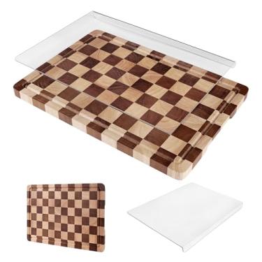 Imagem de Conjunto de 2 tábuas de corte – Tábua de corte quadriculada de madeira e acrílico com borda de balcão para balcão de cozinha, tábua de madeira quadriculada com sulcos de suco para legumes, frutas