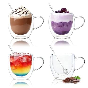 Imagem de DINGPAl 227 g Canecas de café com isolamento de parede dupla, conjunto de 4, xícaras de café de vidro de camada dupla, caneca de café expresso de vidro transparente com alça e colher para latte