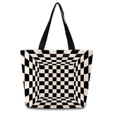 Imagem de ZhuVantrix Bolsa quadriculada preta e branca 3D linda bolsa de ombro de compras estética com bolso interno com zíper, leve e lavável, elegante, 3D, preto e branco, presente para mulheres amigas