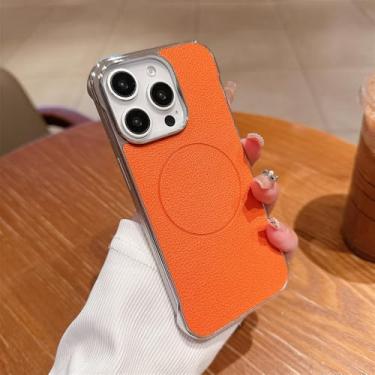 Imagem de Capa de telefone magnética sem moldura com revestimento de couro para iPhone 16 15 14 Plus 13 12 Pro Max, capa protetora de carregamento sem fio, laranja, para iPhone 12