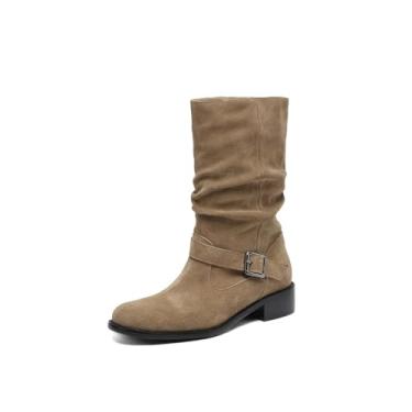 Imagem de TinaCus Botas femininas despojadas de couro de camurça feitas à mão bico redondo salto empilhado botas ocidentais com fivela decorativa, Damasco, 33