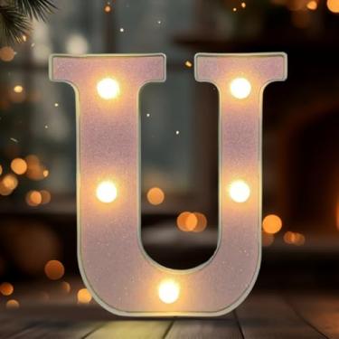 Imagem de Letreiro de LED com letra U, sinal iluminado do alfabeto para decoração de casa, decorações de festa de casamento de aniversário - U rosa