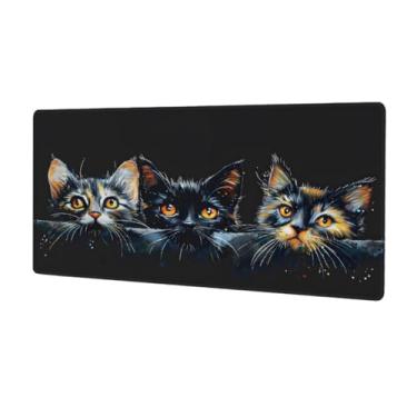 Imagem de Tapete de rato preto grande gato fofo à prova d'água tapete protetor de mesa estendido para computador tapete de borracha antiderrapante para escritório, computador, teclado, laptop e mesa de casa