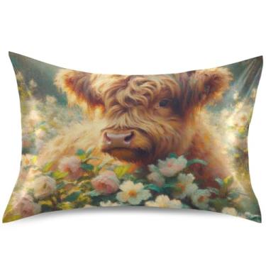 Imagem de Almofada de cetim Highland bezerro vaca primavera flores almofada refrescante impressão padrão queen king fronhas decoração de cama, tamanho padrão, 66 cm x 50 cm