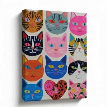 Imagem de Arte de parede em tela de gato, 20 x 25 cm, impressão colorida de rostos de gato, decoração pop art para quarto, sala de estar, escritório, pronto para pendurar, suporte de mesa