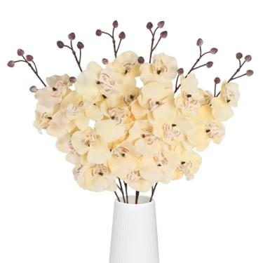 Imagem de INSUNSIX 6 peças, orquídeas, flores artificiais, 76 cm, orquídeas falsas de seda, champanhe, flores falsas com hastes para vaso, mesa, casa, festa de casamento, decoração de jardim (champanhe)