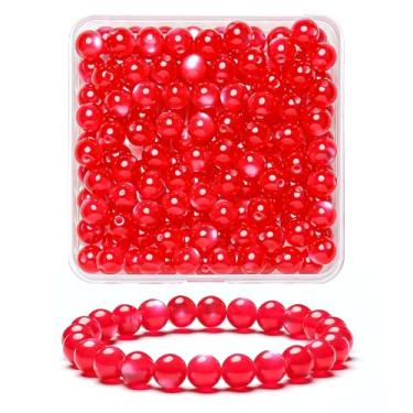 Imagem de 100 peças de contas vermelhas naturais lisas de olho de gato, contas redondas soltas de pedra preciosa para fabricação de joias com cordão elástico de cristal (cor 8)