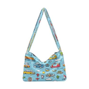 Imagem de Bolsa de ombro floral laranja e amarela em bege, bolsa com zíper, bolsa de ombro feminina, Caminhões e aviões de desenhos animados coloridos - 1, One Size