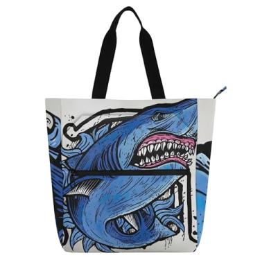 Imagem de GAIGEO Bolsas de trabalho femininas com desenho animado azul tubarão lona faculdade bolsa carteiro presente para amantes de livros bolsas