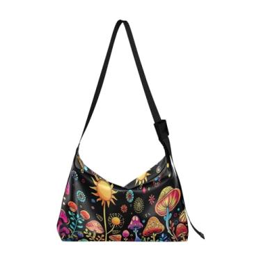 Imagem de Tulipas em verde com folhas, bolsa de couro com alça, bolsa tiracolo de couro, bolsa tiracolo feminina, Flores coloridas e cogumelos - 2, One Size